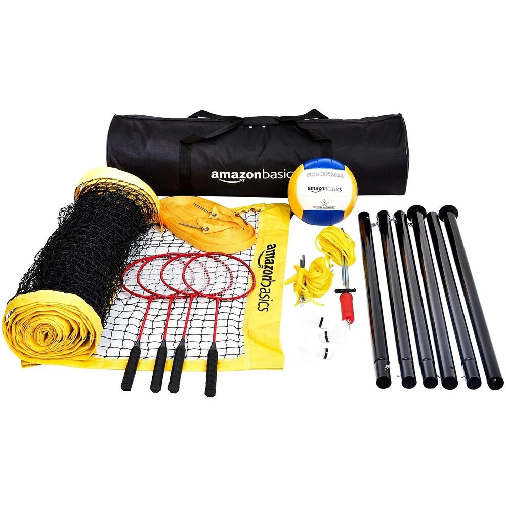 Amazon Basics Volleyball Badminton Combo Set Portable Racket Net Poles Carry Bag